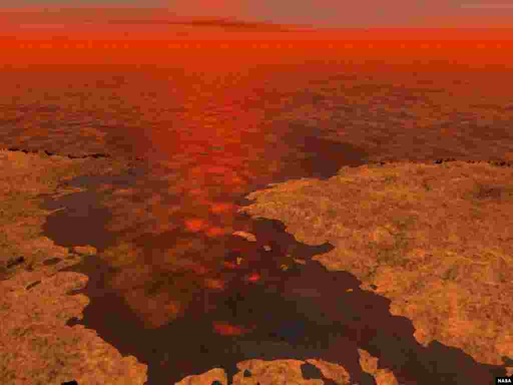 An artist’s conception of ice in a liquid hydrocarbon sea on Saturn's moon Titan. (NASA/JPL-Caltech/USGS)