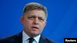 Slovakian Prime Minister Robert Fico speaks during the news conference at the Chancellery in Berlin, Germany, April 3, 2017.