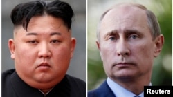 FILE - A combination of file photos shows North Korean leader Kim Jong Un and Russia's President Vladimir Putin.