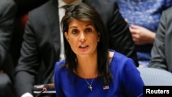 نیکی هیلی، نمایندۀ ایالات متحده در ملل متحد، هنگام سخنرانی روز شنبه در شورای امنیت آن سازمان 