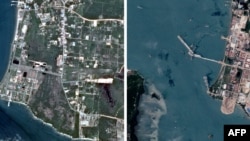 美国商业图像公司BlackSky拍摄的图像显示，与2021年8月拍摄的图像（左）相比，中国在柬埔寨云朗海军基地的军事码头建设即将完工（右）。