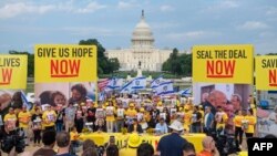 Protesters and family members of Israelis held hostage since the October 7 attack by Hamas militants hold a rally outside of the US Capitol on the National Mall on July 23, in Washington, DC.