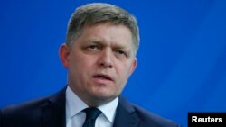 Slovakian Prime Minister Robert Fico speaks during the news conference at the Chancellery in Berlin, Germany, April 3, 2017. 
