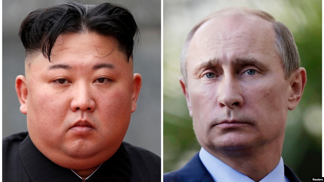 FILE - A combination of file photos shows North Korean leader Kim Jong Un in Hanoi, Vietnam, March 2, 2019, and Russia's President Vladimir Putin during a joint news conference in Sochi, Krasnodar region, Russia, May 16, 2013.