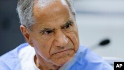 FILE - Sirhan Sirhan reacts during a parole hearing at the Richard J. Donovan Correctional Facility in San Diego, Feb. 10, 2016.