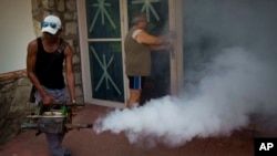 FILE - A government fumigator sprays a home for mosquitos in Havana, Cuba, Aug. 26, 2016.