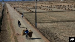FILE - North Korean farmers pass along a road past farm fields at a collective farm near the town of Sariwon, in North Hwanghae province, North Korea.