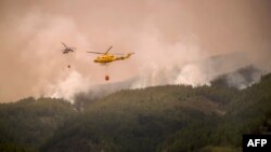 Helicópteros vuelan sobre el área del Pico Cho Marcial, en Arafo, para verter agua sobre un inmenso incendio forestal en Tenerife, Islas Canarias, el 20 de agosto de 2023.