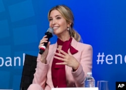 FILE - White House senior adviser Ivanka Trump speaks at the forum Taking Women-Owned Business to the Next Level, on the sidelines of the World Bank/IMF annual meetings in Washington, Oct. 14, 2017.