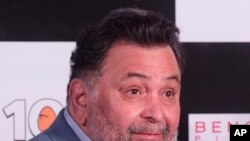 FILE - In this Thursday, April 19, 2018, file photo, Bollywood actor Rishi Kapoor speaks during the song launch of his film. Two of India’s most beloved movie stars, Irrfan Khan and Kapoor, died within a day of each other this week 