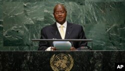 FILE - Uganda's President Yoweri Kaguta Museveni speaks during the 70th session of the United Nations General Assembly at U.N. headquarters, Sept. 28, 2015.