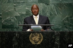 FILE - Uganda's President Yoweri Kaguta Museveni speaks during the 70th session of the United Nations General Assembly at U.N. headquarters, Sept. 28, 2015.