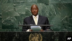 FILE - Uganda's President Yoweri Kaguta Museveni speaks during the 70th session of the United Nations General Assembly at U.N. headquarters, Sept. 28, 2015.