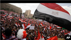 Protesters wave the Egyptian flag in Tahrir Square in Cairo, Egypt, Friday, April 8, 2011.
