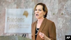 American journalist and historian Anne Applebaum delivers a speech after she was awarded the Peace Prize of the German Publishers and Booksellers Association during a ceremony at the St. Paul's Church in Frankfurt, Germany, Oct. 20, 2024.