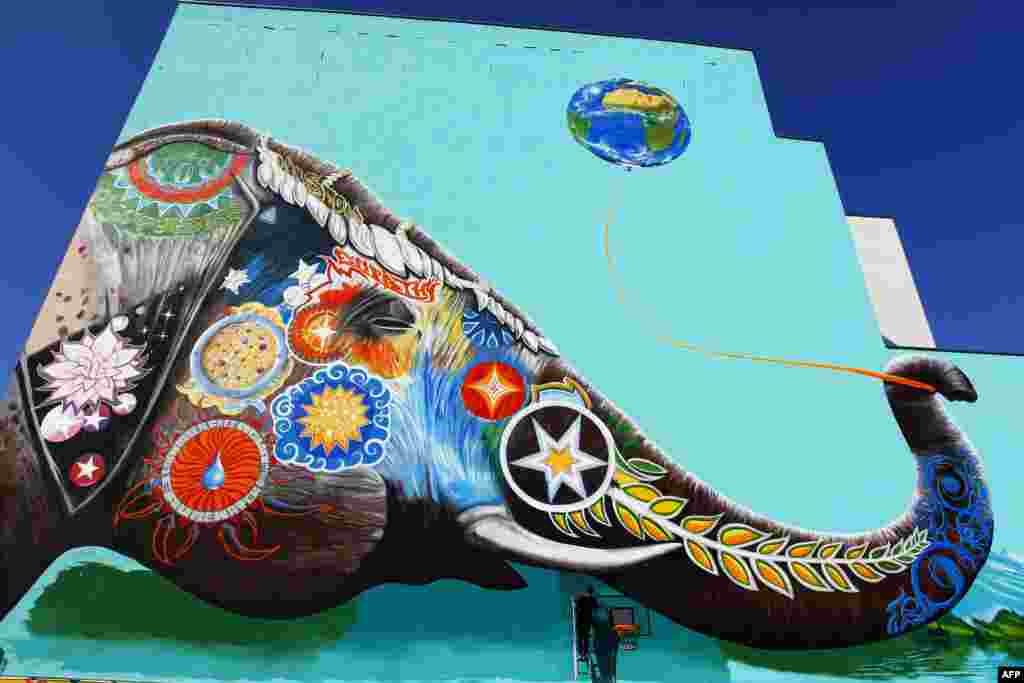 German Artist Jadore Tong puts the finishing touches on a huge mural painting featuring a colorful elephant on a house in Berlin.