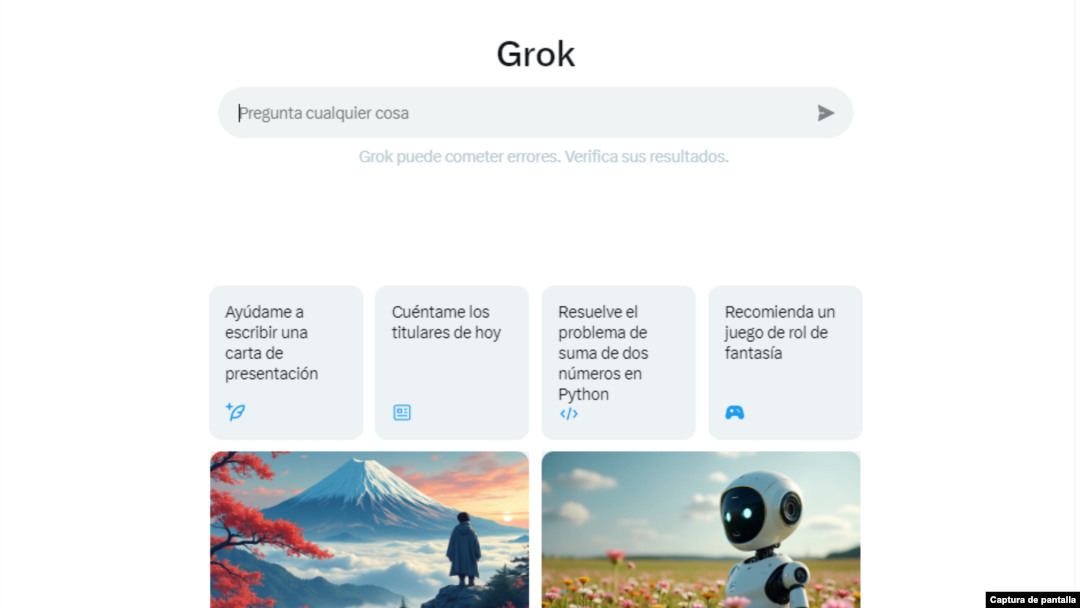 Captura de pantalla de Grok, un asistente de búsqueda con inteligencia artificial de X, el cual tiene según la plataforma "un toque de humor" y una "pizca de rebeldía". 