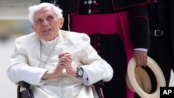 FILE - Emeritus Pope Benedict XVI arrives at Munich Airport in Freising, Germany, June 22, 2020. (Sven Hoppe/dpa via AP)