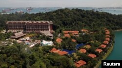 Pemandangan dari udara resor Pulau Sentosa di Singapura, 4 Juni 2018.