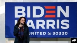 Democratic vice presidential candidate Sen. Kamala Harris, D-Calif., speaks at a campaign event in Goldsboro, N.C., Nov. 1, 2020. 