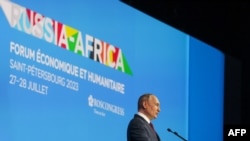 FILE - Russian President Vladimir Putin gives a speech at the plenary session of the second Russia-Africa summit in Saint Petersburg on July 27, 2023. 