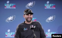 Philadelphia Eagles head coach Nick Sirianni speaks during a press conference at the Sheraton Grand before Super Bowl LVII against the Kansas City Chiefs. (Mandatory Credit: Kirby Lee-USA TODAY Sports)