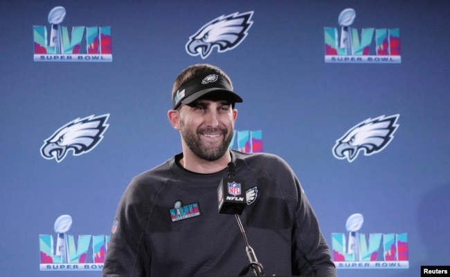 Philadelphia Eagles head coach Nick Sirianni speaks during a press conference at the Sheraton Grand before Super Bowl LVII against the Kansas City Chiefs. (Mandatory Credit: Kirby Lee-USA TODAY Sports)