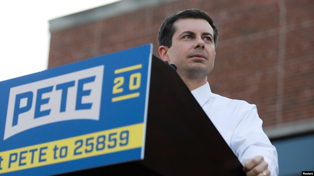 FILE - 2020 Democratic presidential candidate Pete Buttigieg speaks at a campaign event in Des Moines, Iowa, April 16, 2019. 