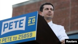 FILE - 2020 Democratic presidential candidate Pete Buttigieg speaks at a campaign event in Des Moines, Iowa, April 16, 2019. 