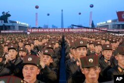 Soldiers gather in Kim Il Sung Square in Pyongyang, North Korea, July 6, 2017, to celebrate the test launch of North Korea's first intercontinental ballistic missile two days earlier.