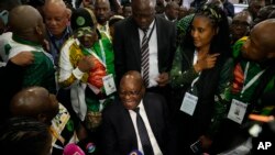 FILE—Former president and now leader of the MK Party, Jacob Zuma, center, speaks at the Results Operation Centre (ROC) in Midrand, Johannesburg, South Africa, June 1, 2024. 