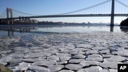 Lapisan es tampak di permukaan sungai Hudson di Palisades Interstate Park, Fort Lee, New Jersey, Selasa 2 Januari 2018. Wilayah AS sedang dilanda udara dingin membeku. 