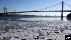 Una capa de hielo en pedazos flota a orillas del río Hudson en el Parque Interestatal Palisades con el puente George Washington al fondo. Enero 2, 2018, Fort Lee, Nueva Jersey. 