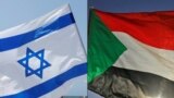 FILE - A combination of photos shows an Israeli flag, left, during a rally in Tel Aviv, Sept. 19, 2020, and a Sudanese flag during a gathering east of the capital Khartoum, June 3, 2020.