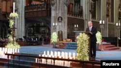 German President Joachim Gauck speaks during a memorial service for the 150 victims of Germanwings flight 4U 9525 in Cologne's Cathedral, April 17, 2015. 