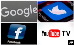 FILE - A photo combo of images shows, clockwise, from upper left: a Google sign, the Twitter app, YouTube TV logo and the Facebook app.