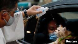 A Catholic priest sprinkles holy water on a cat at a drive-thru pet blessing amid the COVID-19 outbreak on World Animal Day, in Eastwood Mall, Quezon City, Philippines.