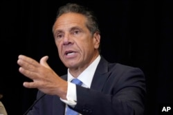 FILE - New York Gov. Andrew Cuomo speaks during a news conference at New York's Yankee Stadium on July 26, 2021.