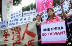 Người biểu tình hô khẩu hiệu phản đối cuộc họp giữa Tổng thống Đài Loan và ông Tập Cận Bình tại Đài Bắc, Đài Loan, ngày 4/11/2015.