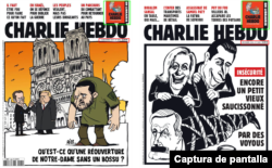 Comparación entre imagen de portada viral (izquierda), contra la presentación del día 4 de diciembre de 2024 la revista Charlie Hebdo (derecha).