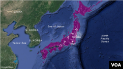 Peta perkiraan lokasi episentrum gempa bumi, dekat Tomioka, Jepang.