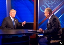 Donald Trump, left, is interrviewed by Bill O'Reilly on Fox's news talk show "The O'Reilly Factor," Nov. 6, 2015, in New York.