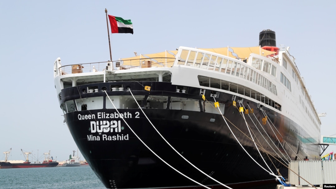 The Queen Elizabeth II cruise ship, launched as a hotel, is seen at Rashid port in Dubai, UAE, April 18, 2018. 