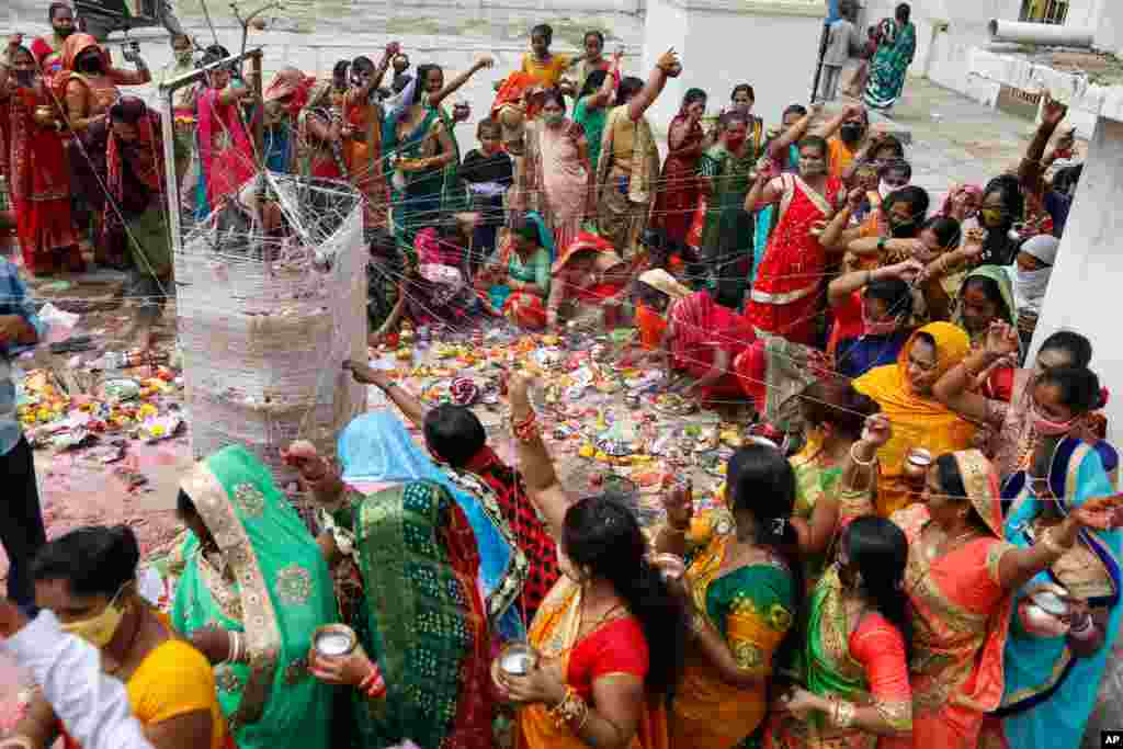 زنان متاهل هندو در جشن &#171;وات ساویتری&#187; در احمدآباد، هند، با بستن نخ به دور درخت انجیر هندی، برای همسران‌شان دعا می‌کنند.