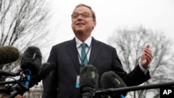 FILE - Kevin Hassett, chairman of the White House Council of Economic Advisers, speaks to reporters, Jan. 3, 2019, outside the White House in Washington.