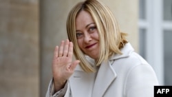 FILE - Italy's Prime Minister Giorgia Meloni arrives at The Elysee Presidential Palace in Paris on Feb. 17, 2025.