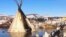 An abandoned teepee is surrounded by melted snow at the Dakota Access oil pipeline protest camp in southern North Dakota near Cannon Ball, Feb. 16, 2017.