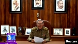 Cuba's President Raul Castro announces the death of his brother, revolutionary leader Fidel Castro, in a still image from government television in Havana, Cuba Nov. 26, 2016. 