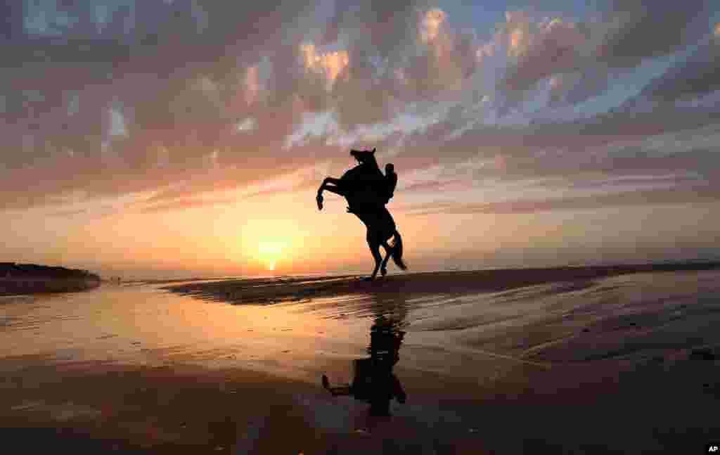 A Palestinian rides a horse on Gaza beach as the sun sets in Gaza City, Dec. 28, 2013.