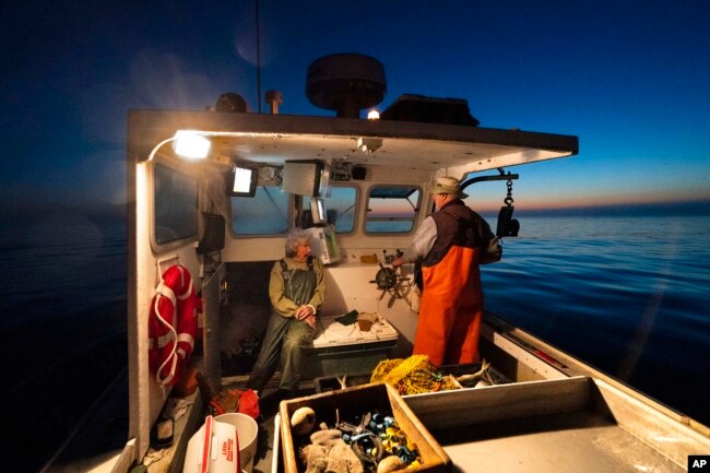 Virginia Oliver (kiri), mengobrol dengan putranya Max Oliver saat berangkat ke laut untuk menangkap lobster saat fajar di Rockland, Maine, Selasa, 31 Agustus 2021. Virginia Oliver (101 tahun), nelayan lobster tertua di negara bagian itu. (AP Photo/Robert F. Bukaty)